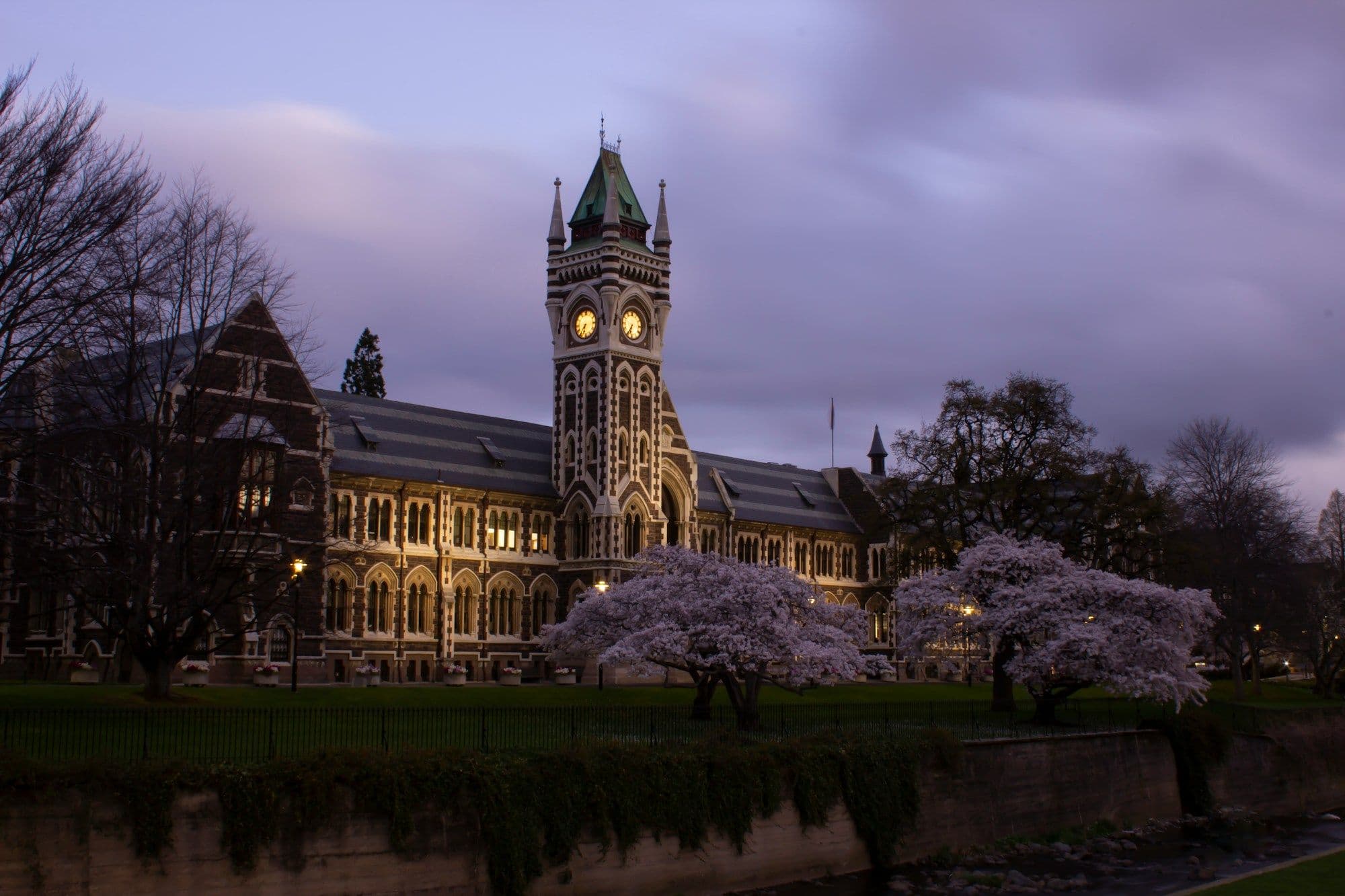 The clocktower building at the University of Otago at dusk